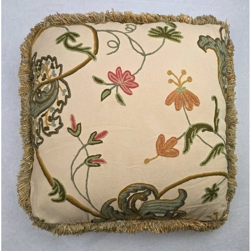 Crewel Embroidered‎ Pillow Fringe Jacobean French 20